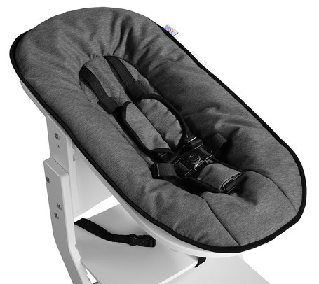Gray baby seat with a safety harness attached to a white highchair frame.
