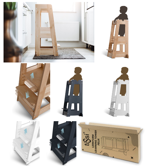 A collage of adjustable wooden learning towers in different colors and a cardboard box.