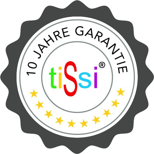 Black seal with '10 Jahre Garantie' and colorful 'tissi' text inside, stars below.