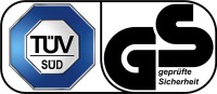 Le badge de certification TÜV SÜD et le symbole de qualité GS avec un octogone bleu.