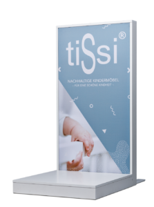Display stand with 'tiSsi' logo, baby furniture theme, blue and white design.