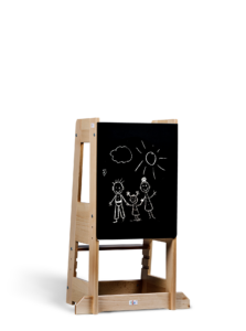 Wooden easel with a chalkboard displaying a child's drawing of a family.