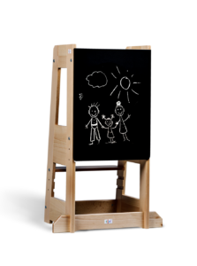 Chalkboard with stick-figure family drawing, sun and cloud, on wooden easel.