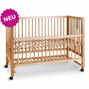 Wooden baby crib with wheels, labeled 'NEU', for infants. Kinderbetten Babybetten Beistellbetten.
