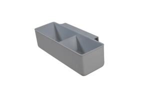 Gray rectangular plastic container with two compartments on a beige background.