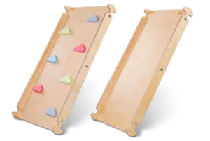 Two wooden incline boards, one with colorful climbing holds, for toddler play.
