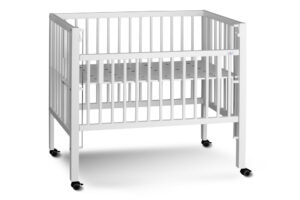 White baby crib on wheels with vertical slats and adjustable mattress height.