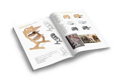 Open catalog featuring various designs of wooden high chairs for children.
