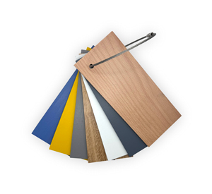 Color and wood texture samples on a metal ring, arranged in a fan-like display.