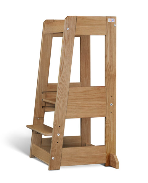 Wooden step stool with two steps and a safety frame.
