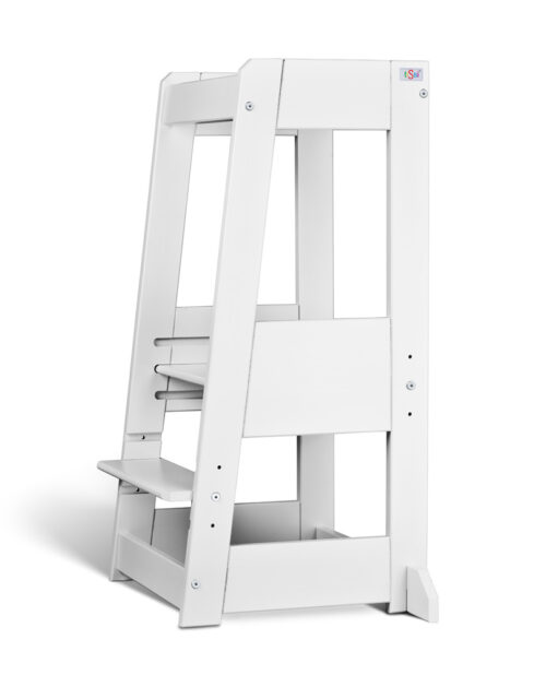 White step stool with a safety rail and two steps, isolated on white.