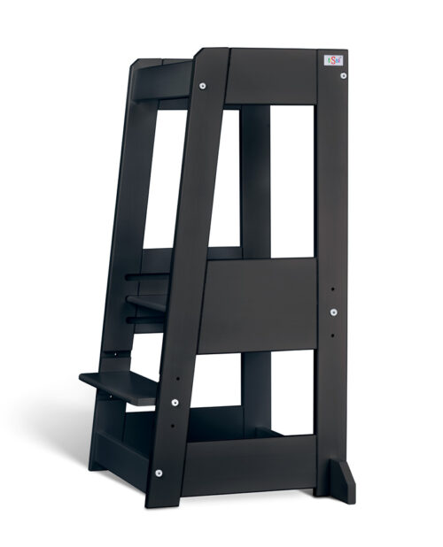 Black wooden step stool with a safety rail and two steps.