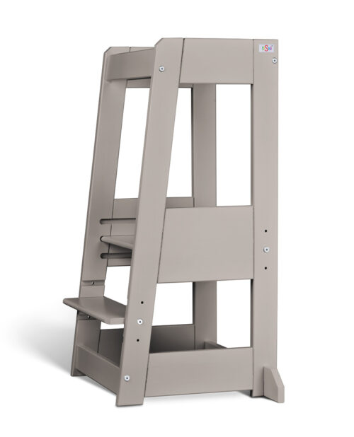 Gray wooden step stool with two steps and side support panels.