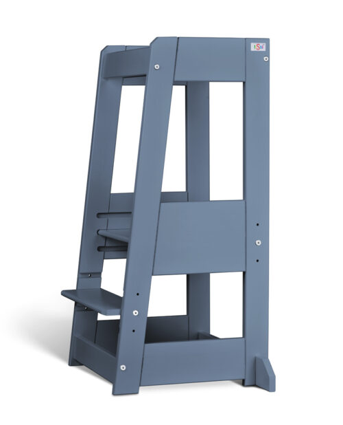 Blue wooden step stool with two steps and a safety side panel.