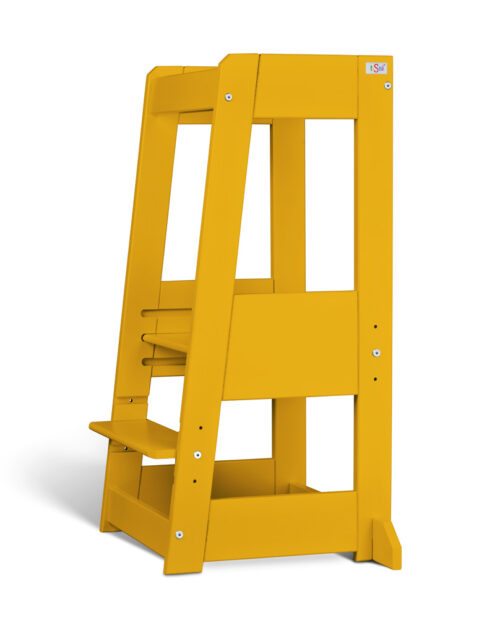 Bright yellow wooden step stool with safety rails and wide base on white background.