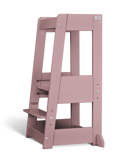 Pink wooden step stool with two steps and side handles.