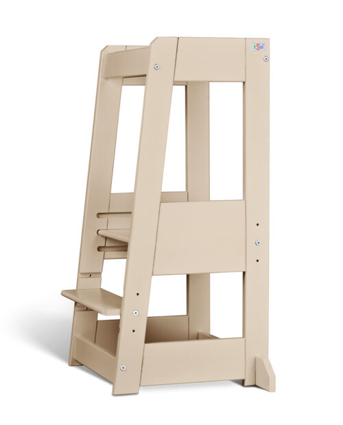 Beige wooden step stool with side panels, designed for children’s safety.
