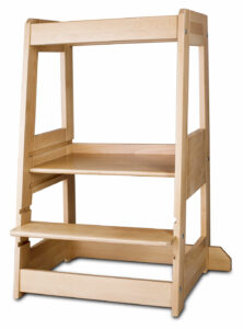 Wooden kitchen helper stool with adjustable platform and side supports.