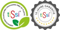 Two logos: one for plastic-free packaging, one for 10-year guarantee, tissi. Lernturm.